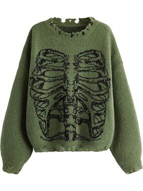 Oversized Skeleton Pattern Ripped Sweater Pullover - Cozy Round Neck Top for